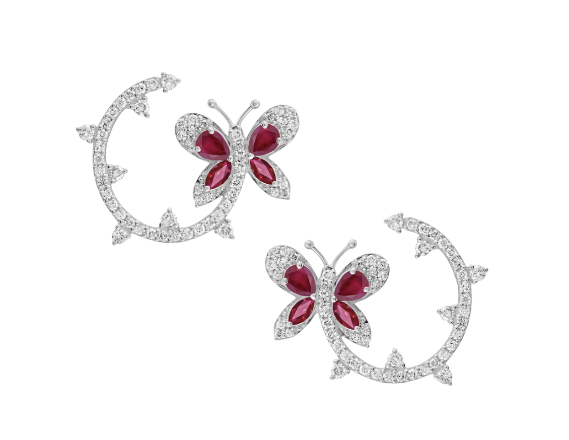 Aretes Circulares con Mariposa Rubí y Diamantes