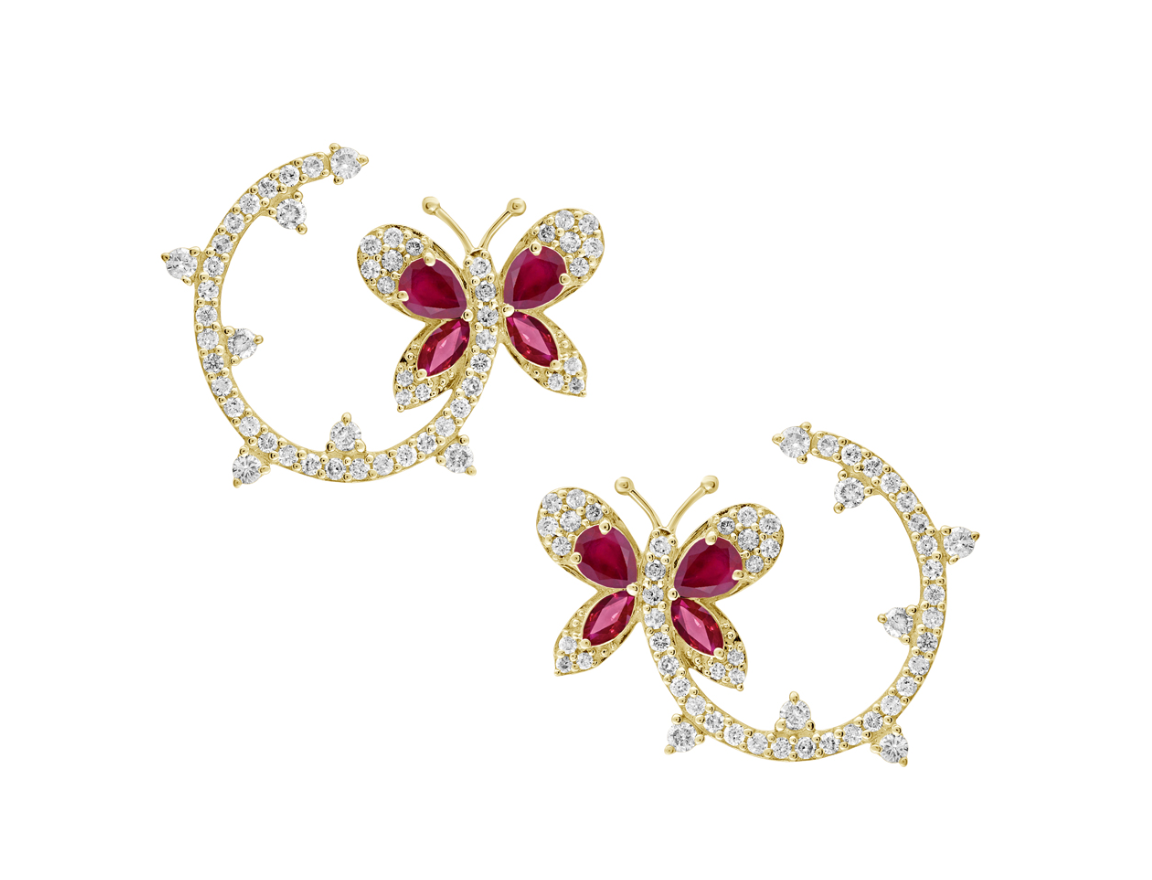 Aretes Circulares con Mariposa Rubí y Diamantes