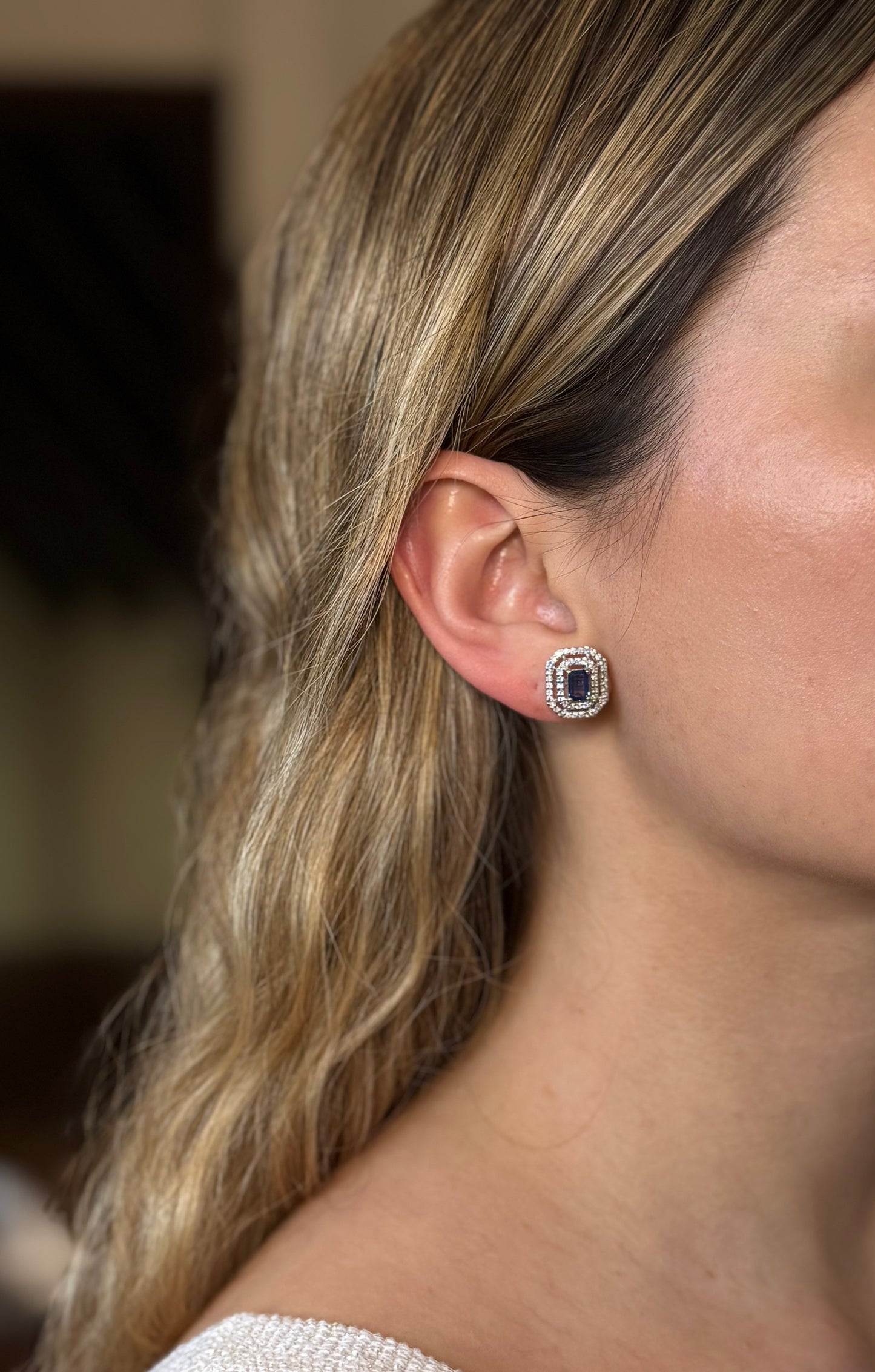 Aretes Zafiro Con Doble Halo de Diamantes