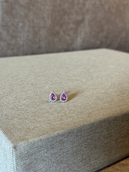Aretes corte pera zafiro rosa y diamantes